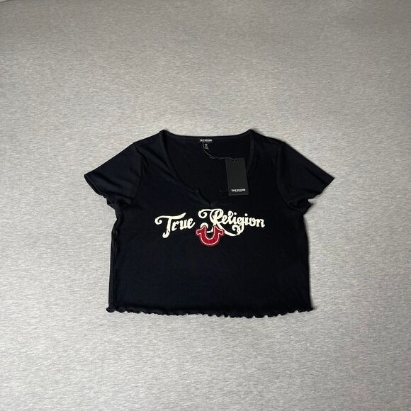 True Religion Women’s Short Sleeve Notched Baby T-Shirt Top - Picture 9 of 9